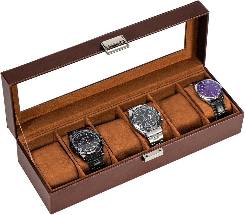 Procase Watch Box, 6 Slot Mens Watch Case, Watch Storage Holder Organizer, Watch Display Case with Glass Lid, Anniversary Birthday Christmas Gifts for Men Women -6 Slot, Espresso - Image 1